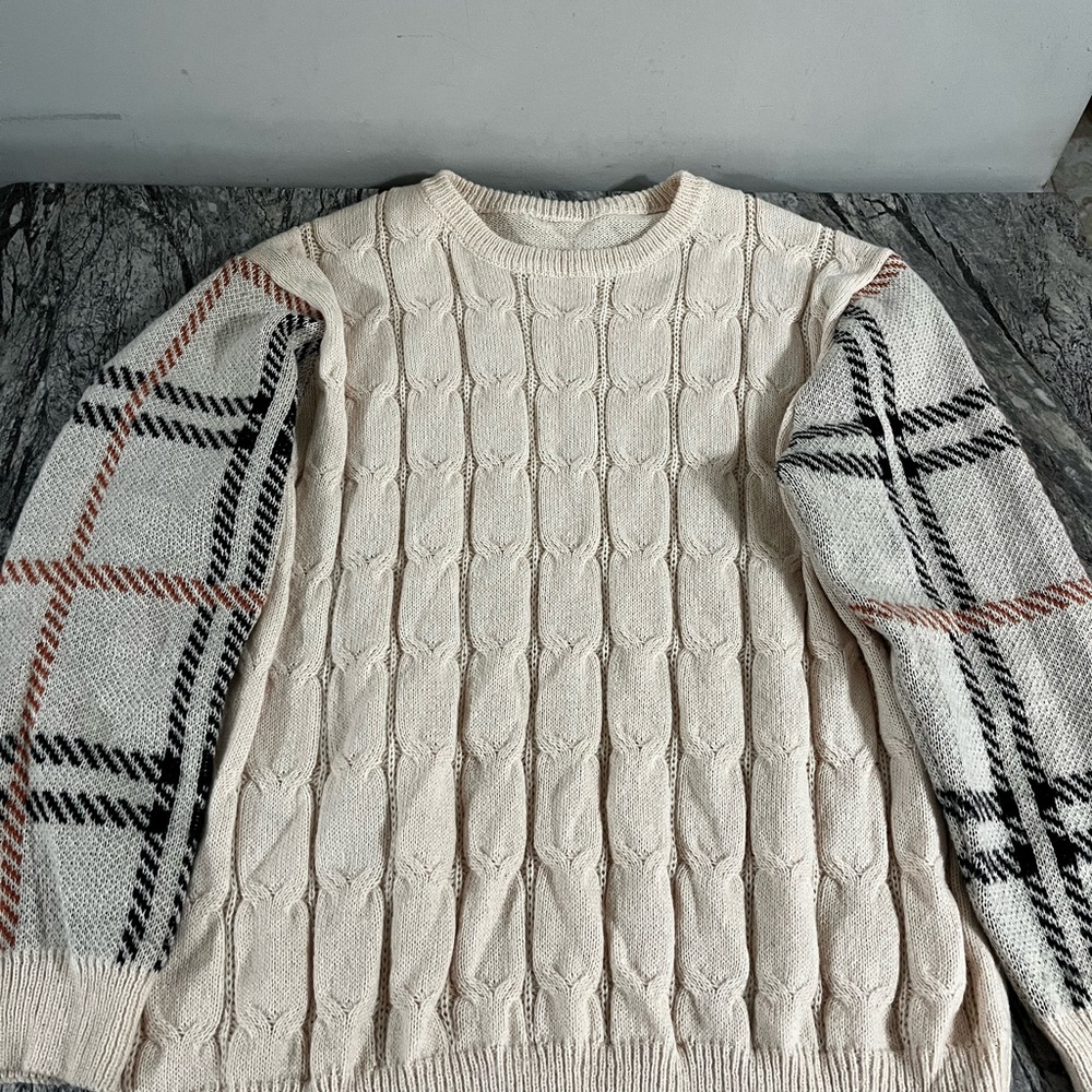 Men's Cream Sweater with Plaid Sleeves
